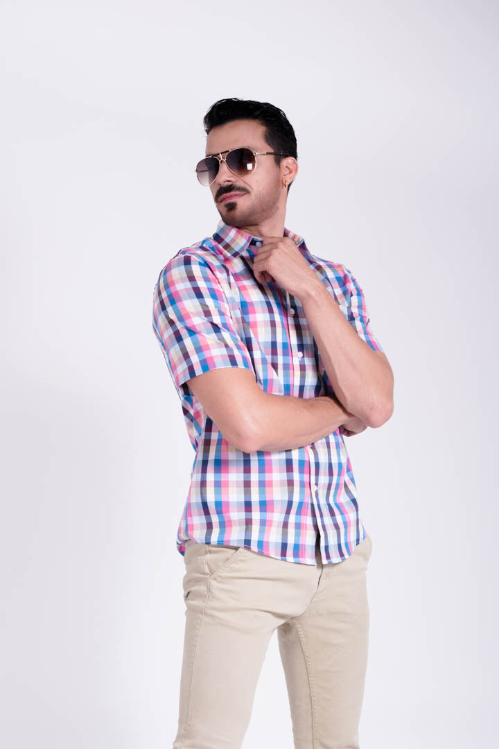 Camisa de Cuadros Rosas y Azul Slim Fit