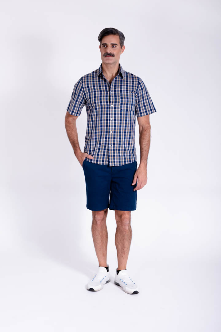 Camisa de Cuadros Azul y Líneas Amarillas Slim Fit