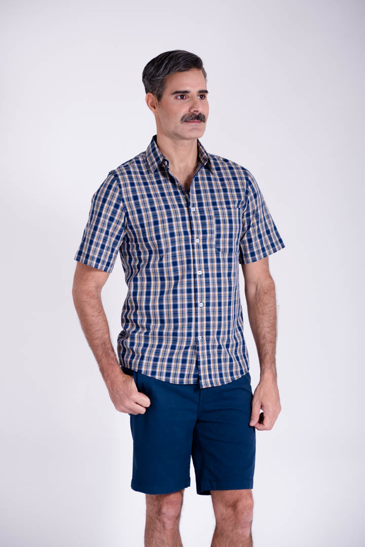 Camisa de Cuadros Azul y Líneas Amarillas Slim Fit