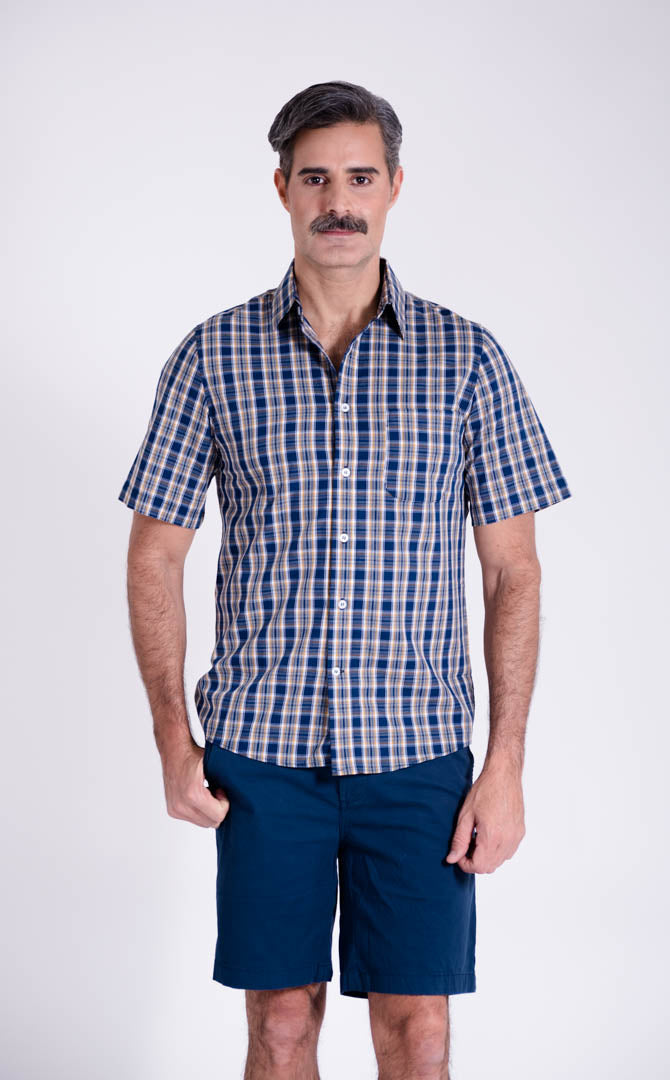 Camisa de Cuadros Azul y Líneas Amarillas Slim Fit