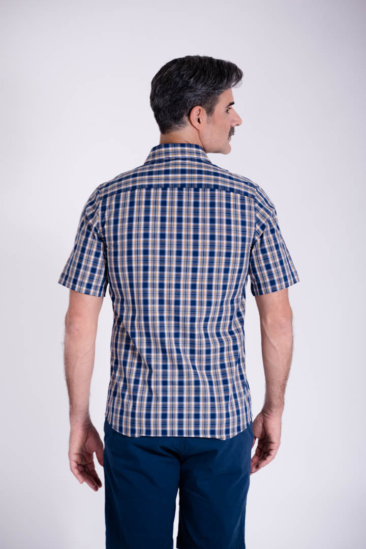 Camisa de Cuadros Azul y Líneas Amarillas Slim Fit