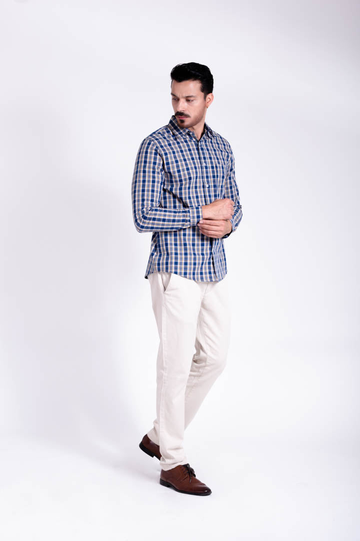 Camisa de Cuadros con Líneas Amarillas Slim Fit