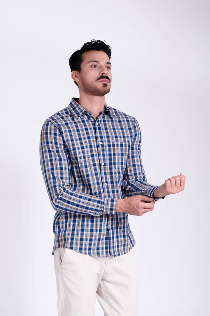Camisa de Cuadros con Líneas Amarillas Slim Fit