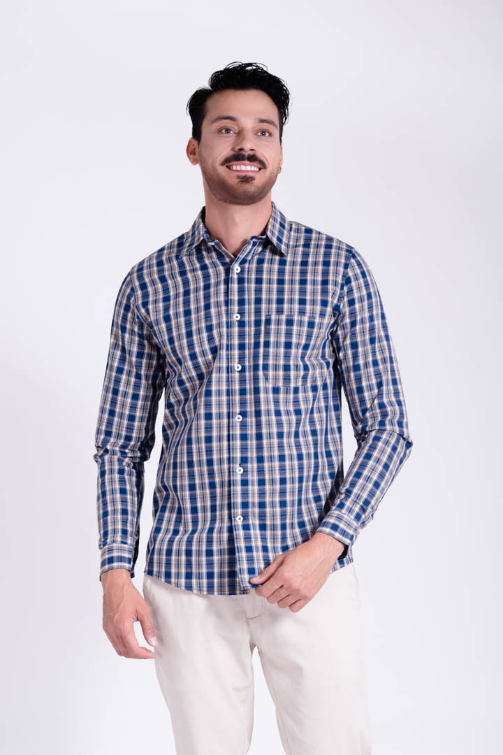 Camisa de Cuadros con Líneas Amarillas Slim Fit