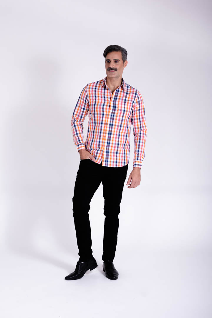 Camisa de Cuadros Naranja con Azul Slim Fit