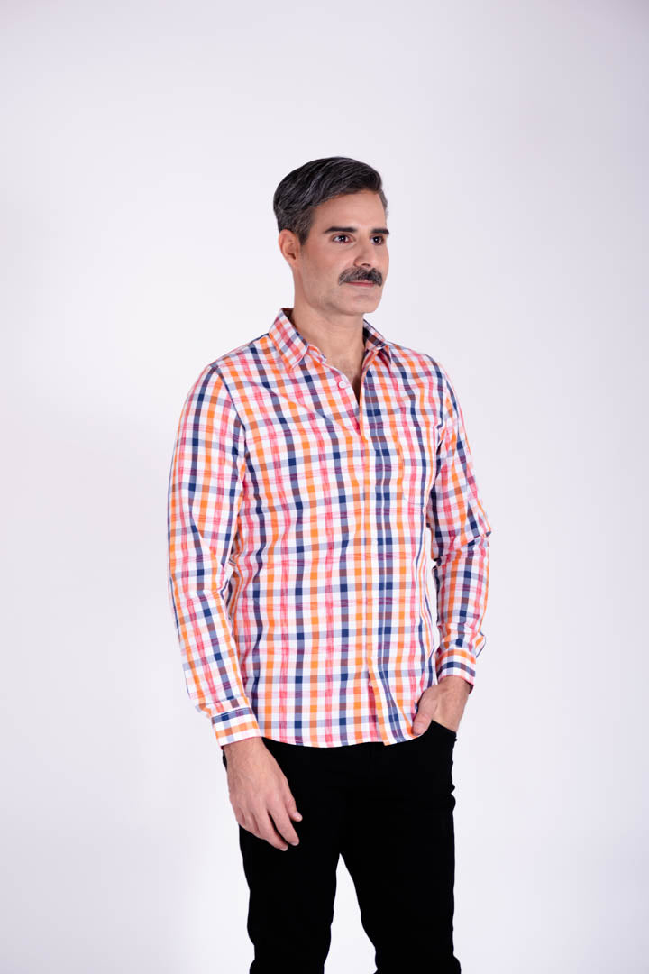 Camisa de Cuadros Naranja con Azul Slim Fit