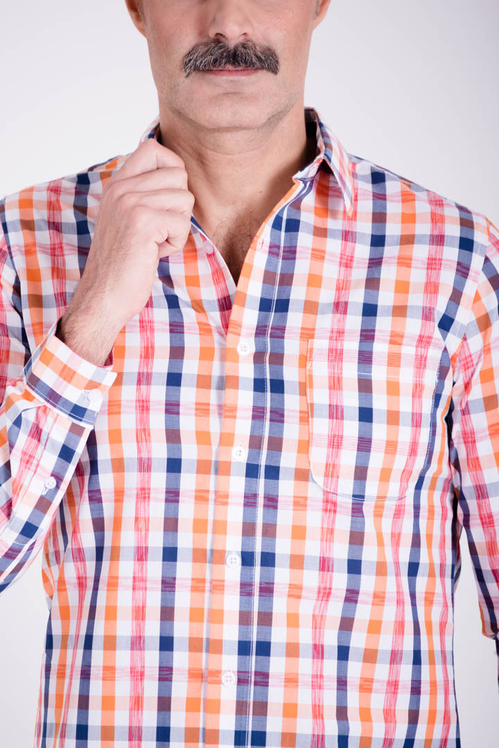 Camisa de Cuadros Naranja con Azul Slim Fit