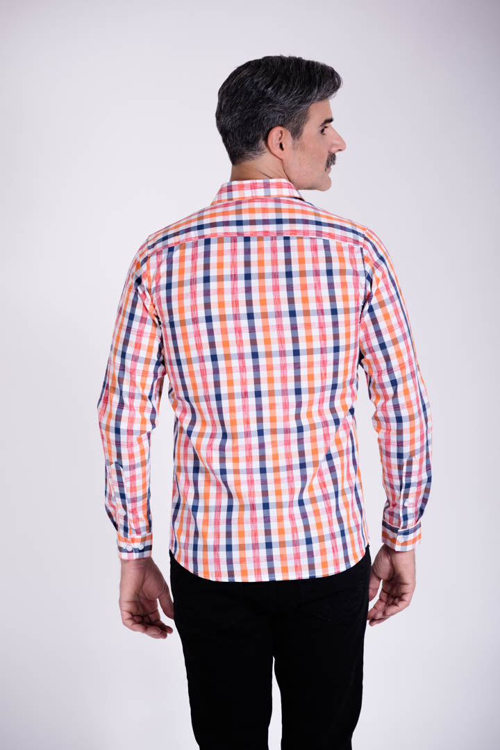 Camisa de Cuadros Naranja con Azul Slim Fit