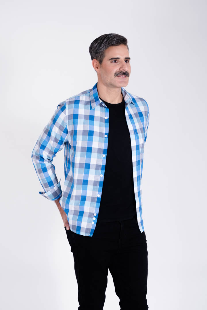 Camisa de Cuadros Azul con Gris Slim Fit