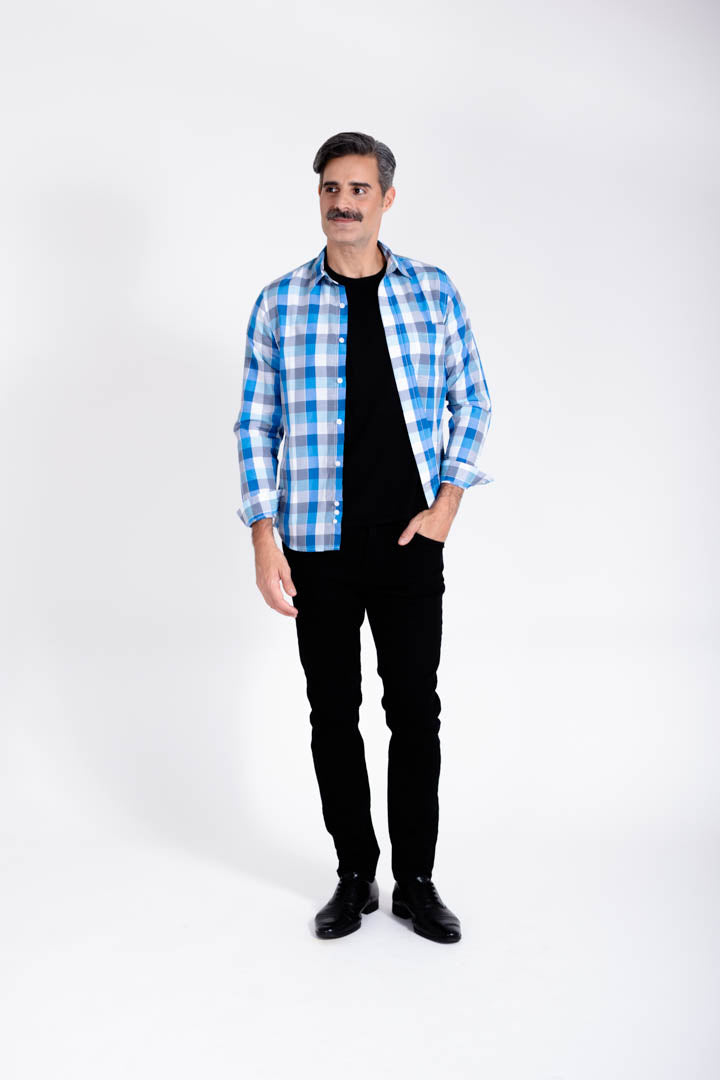 Camisa de Cuadros Azul con Gris Slim Fit
