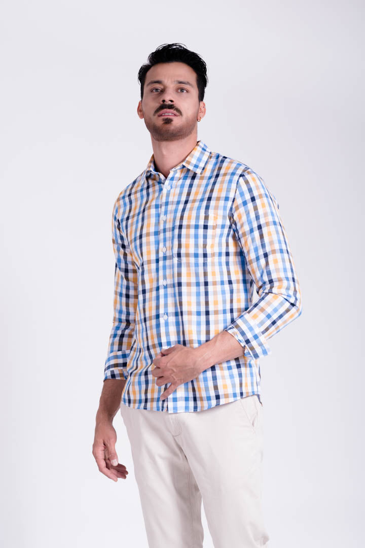 Camisa de Cuadros Azul con Amarillo Slim Fit