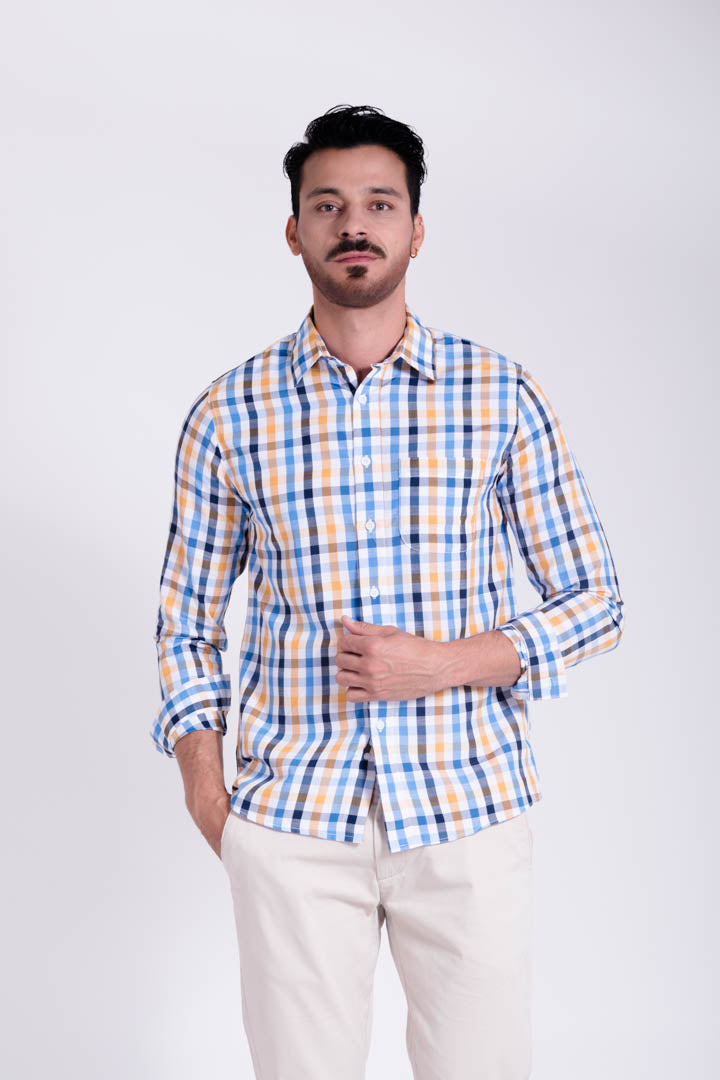 Camisa de Cuadros Azul con Amarillo Slim Fit