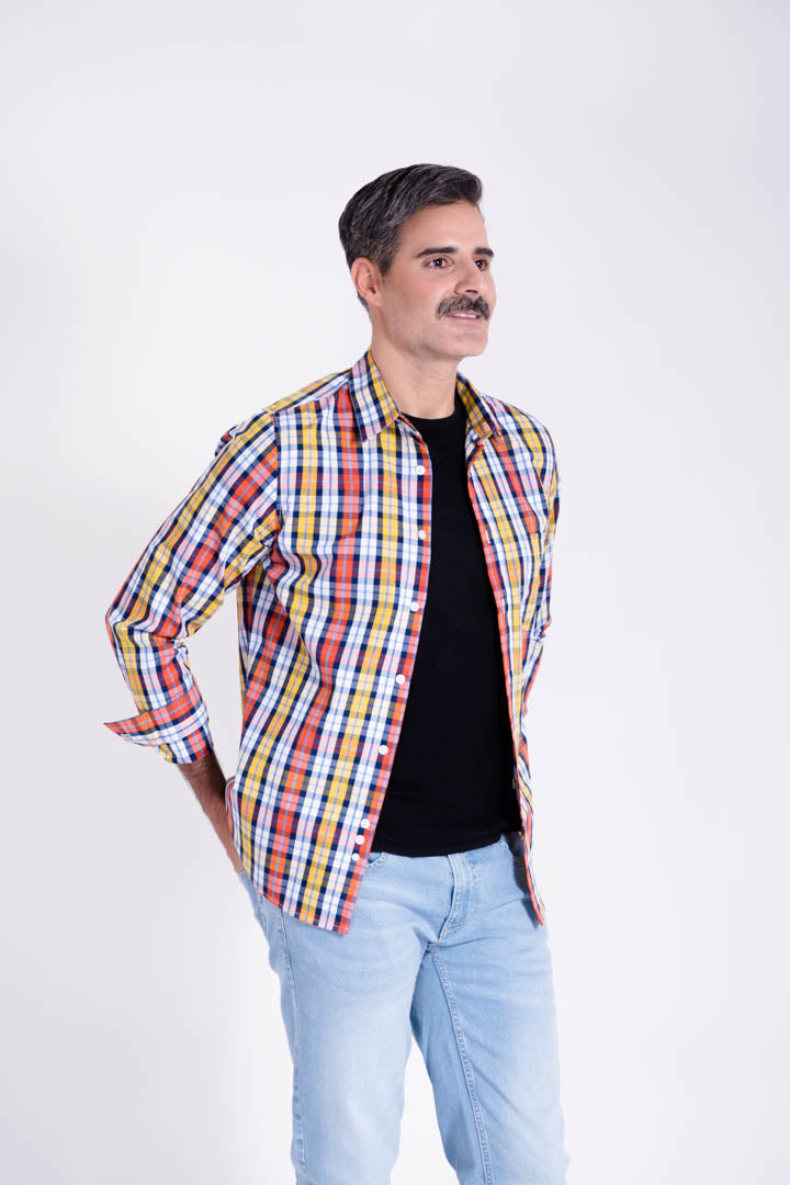 Camisa de Cuadros Amarilla con Naranja Slim Fit