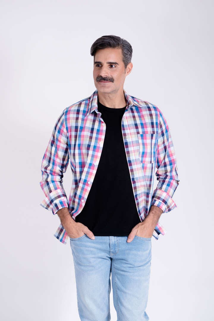 Camisa de Cuadros Azul con Rosa Slim Fit