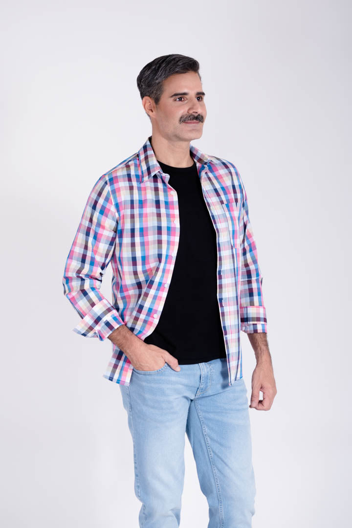 Camisa de Cuadros Azul con Rosa Slim Fit