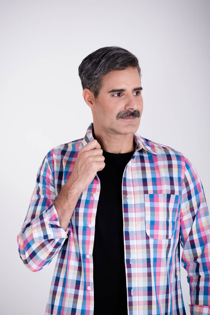 Camisa de Cuadros Azul con Rosa Slim Fit