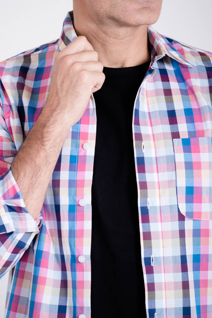 Camisa de Cuadros Azul con Rosa Slim Fit