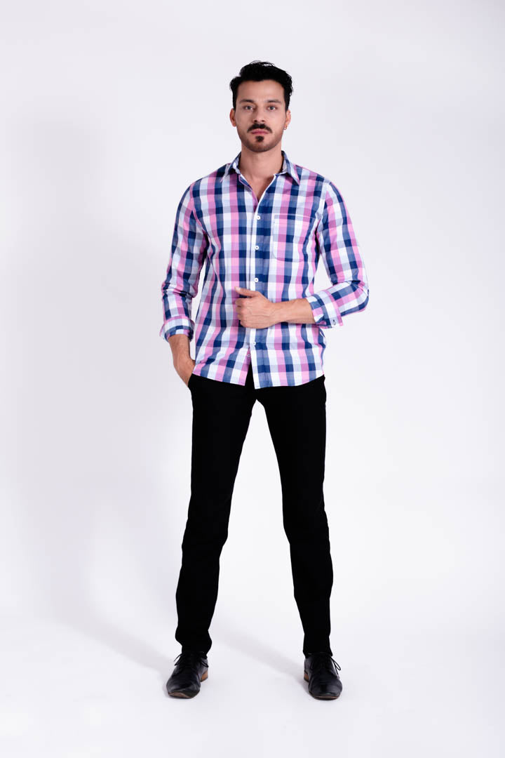Camisa de Cuadros Azul y Líneas Rosas Slim Fit