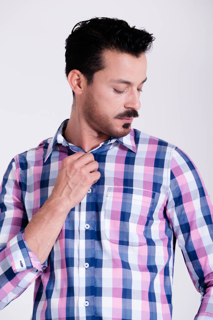 Camisa de Cuadros Azul y Líneas Rosas Slim Fit