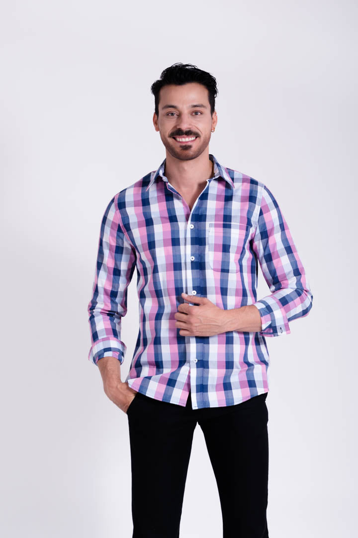 Camisa de Cuadros Azul y Líneas Rosas Slim Fit