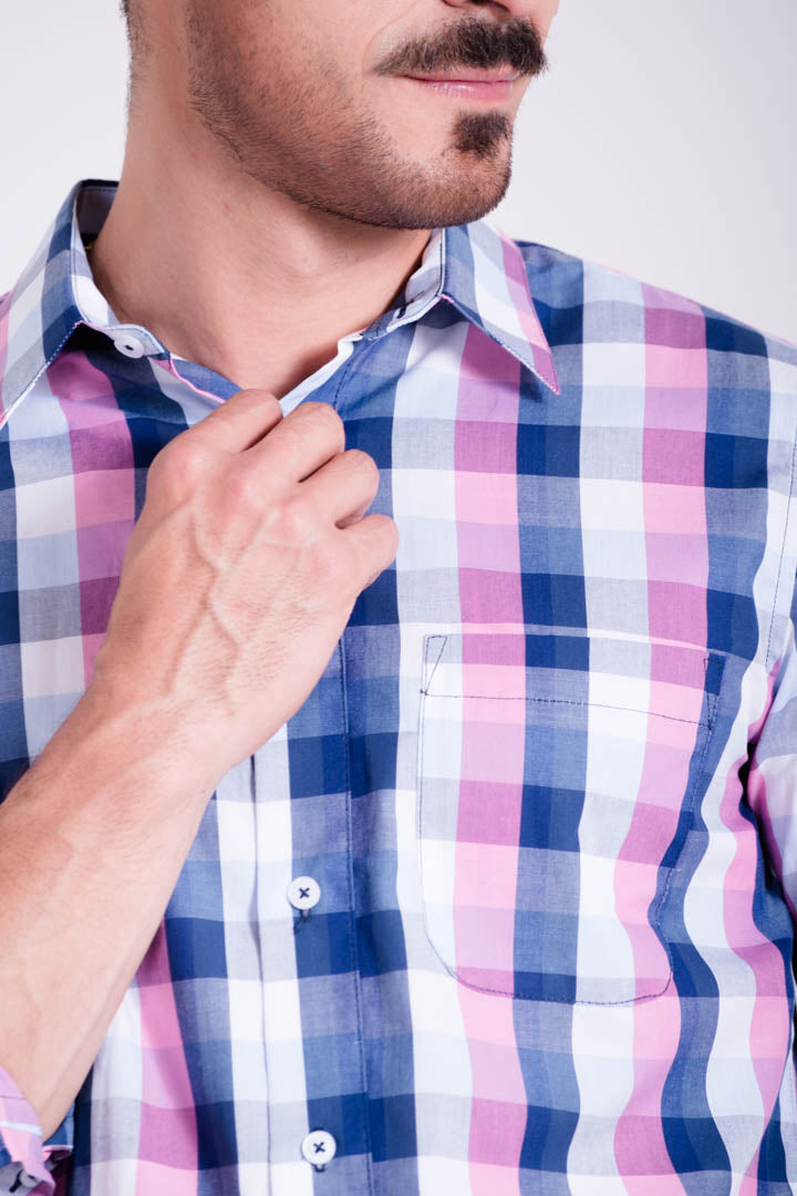 Camisa de Cuadros Azul y Líneas Rosas Slim Fit