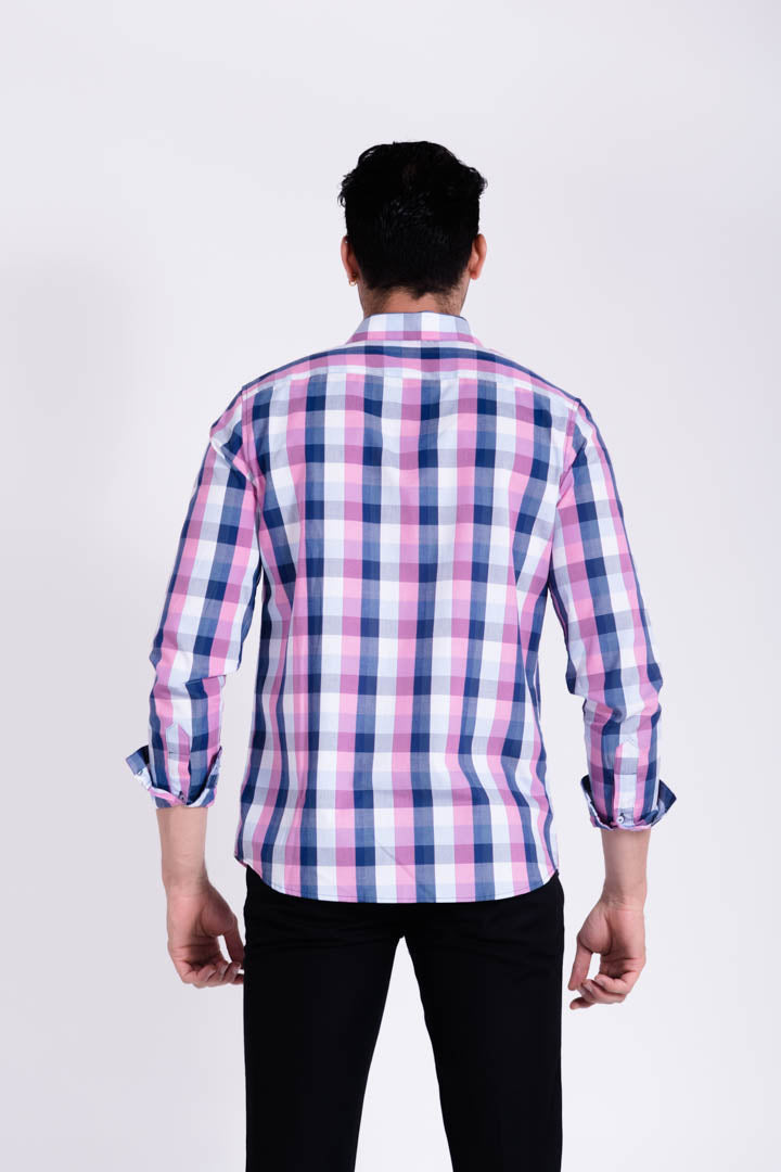 Camisa de Cuadros Azul y Líneas Rosas Slim Fit