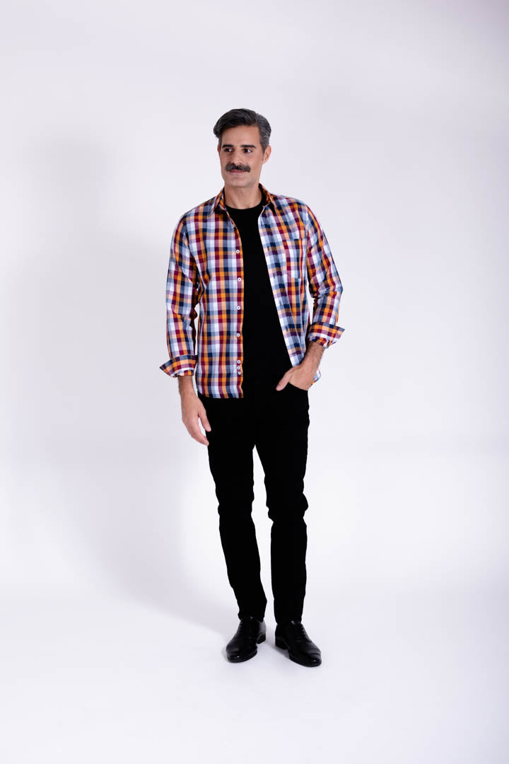 Camisa de Cuadros Vino con Amarillo Slim Fit