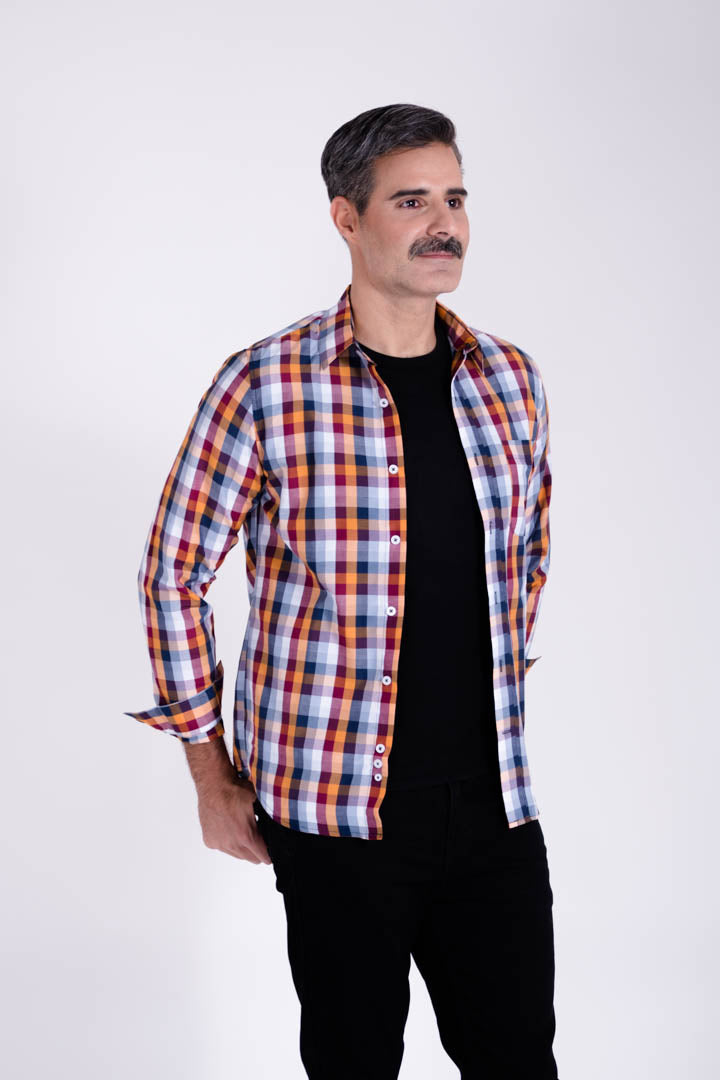 Camisa de Cuadros Vino con Amarillo Slim Fit