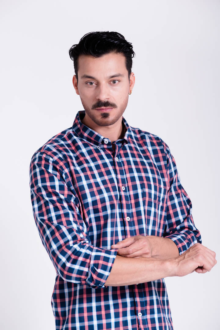 Camisa de Cuadros Azul con Rosa Regular Fit