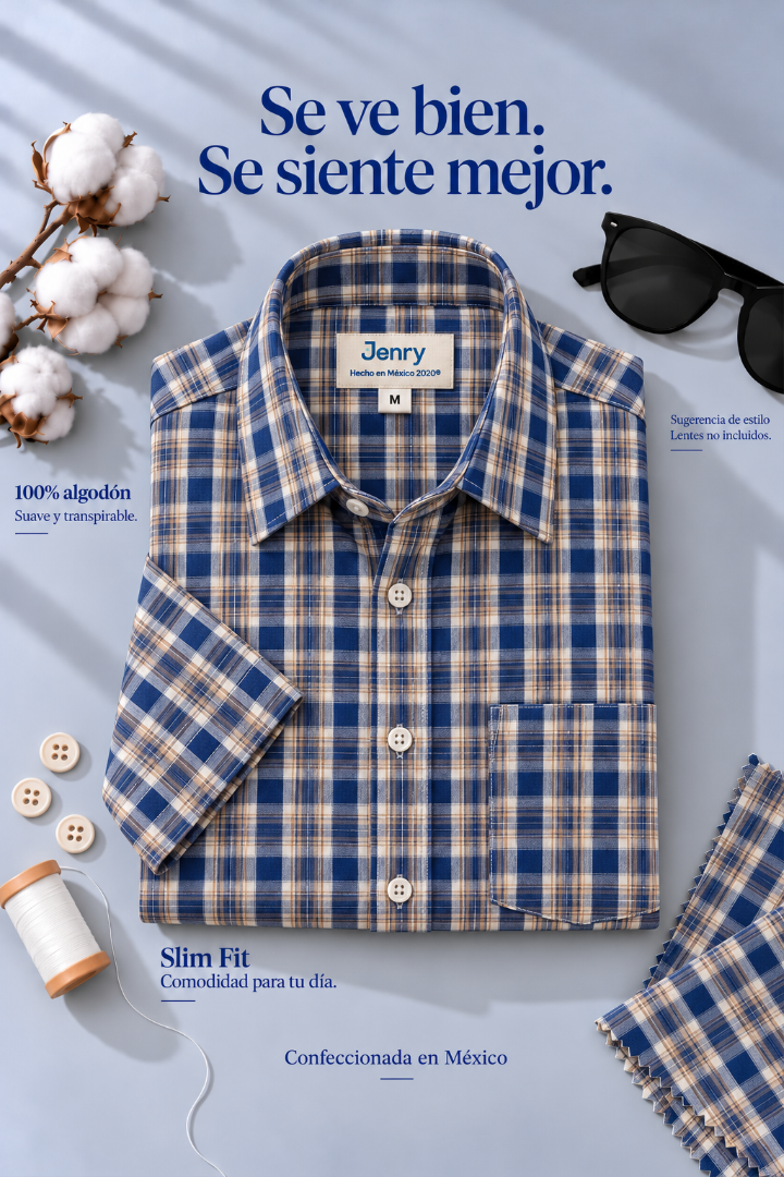 Camisa de Cuadros Azul y Líneas Amarillas Slim Fit