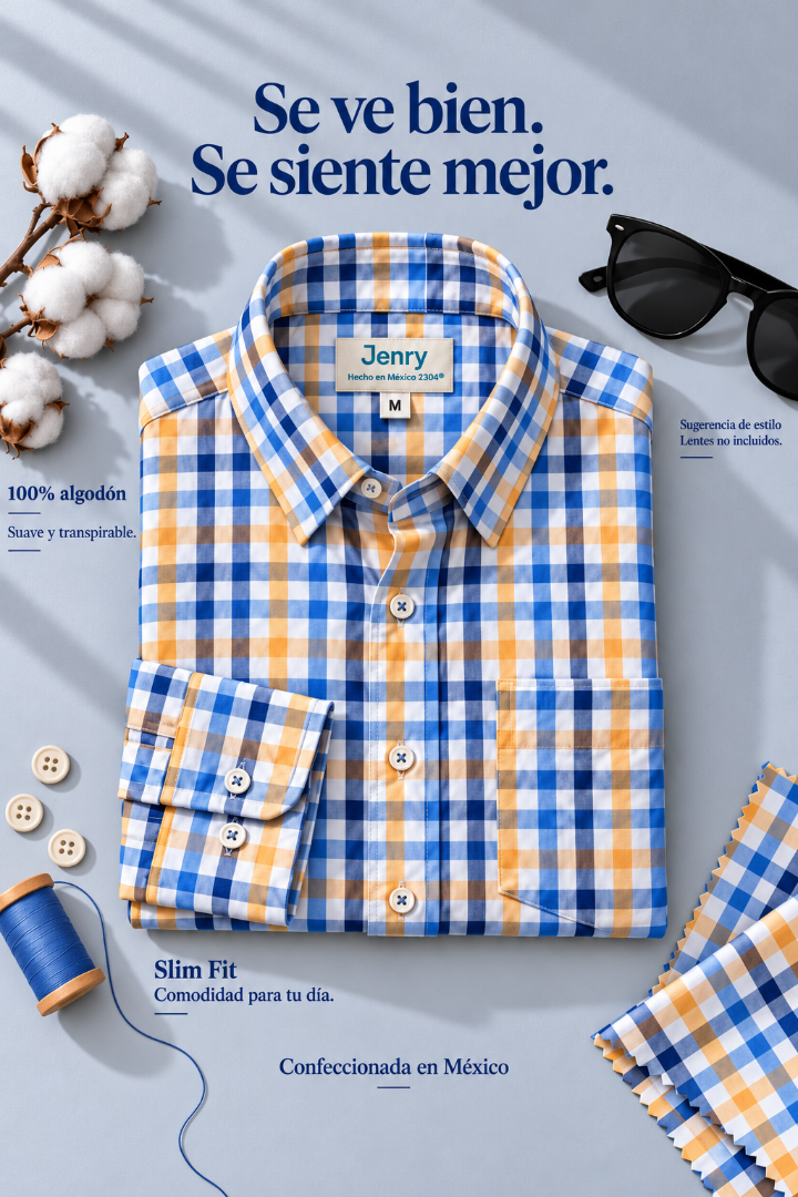Camisa de Cuadros Azul con Amarillo Slim Fit