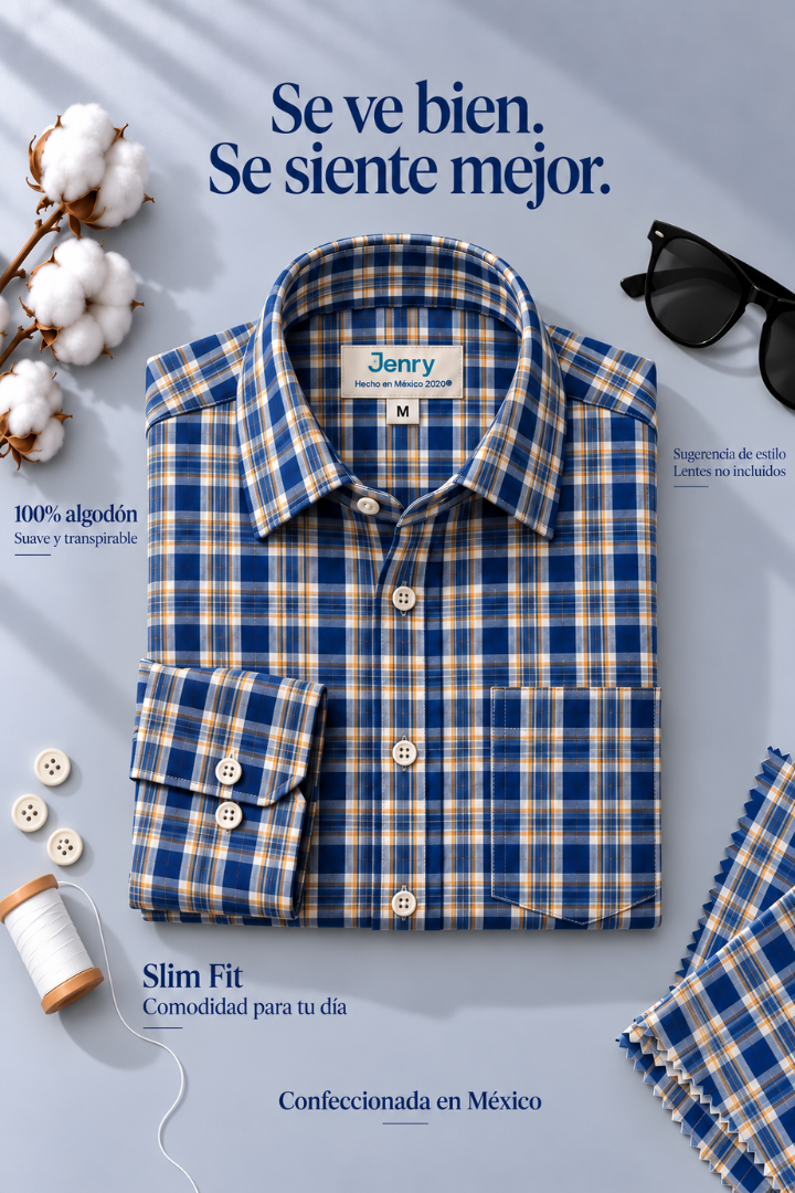 Camisa de Cuadros con Líneas Amarillas Slim Fit