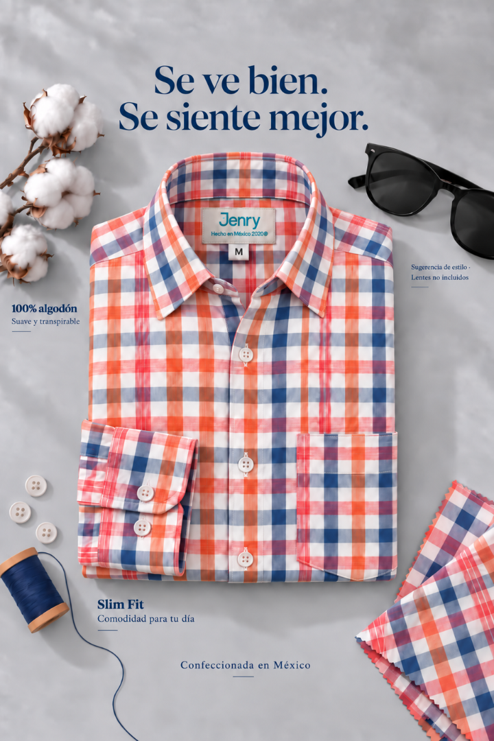 Camisa de Cuadros Naranja con Azul Slim Fit