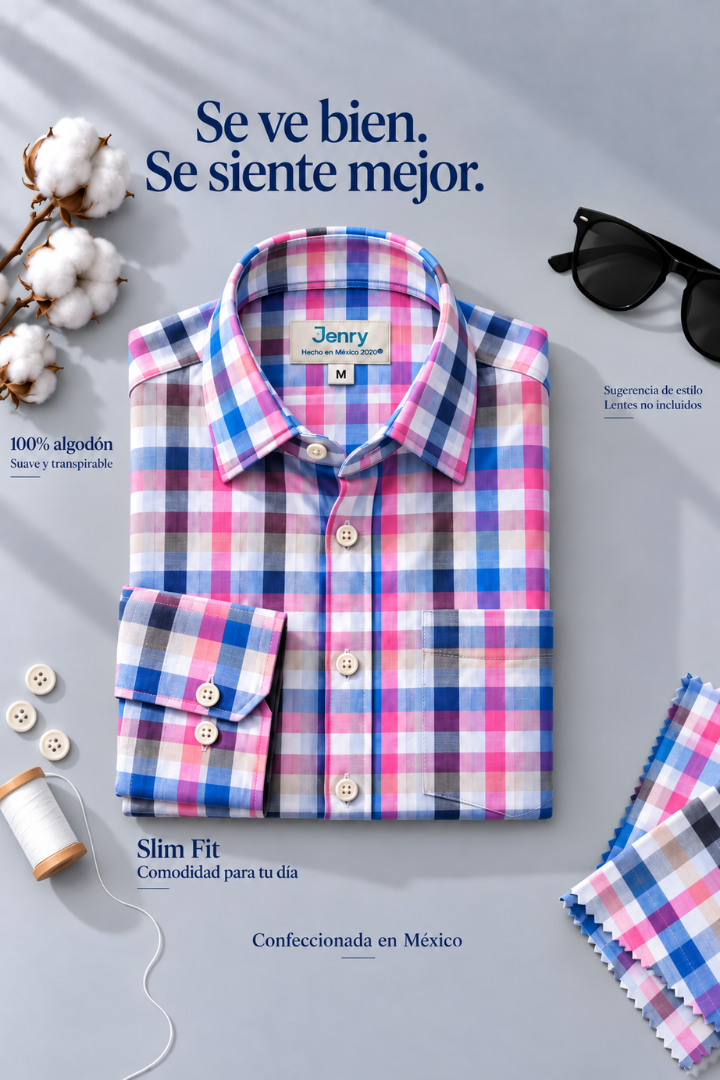Camisa de Cuadros Azul con Rosa Slim Fit