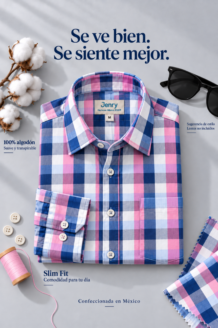 Camisa de Cuadros Azul y Líneas Rosas Slim Fit